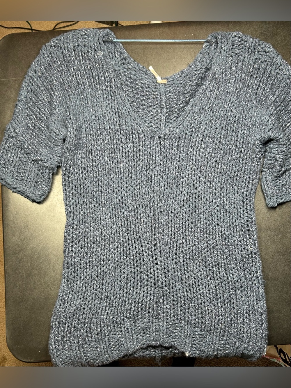 Free People Size L Navy Short Sleeve Oversized Chunky Sweater
